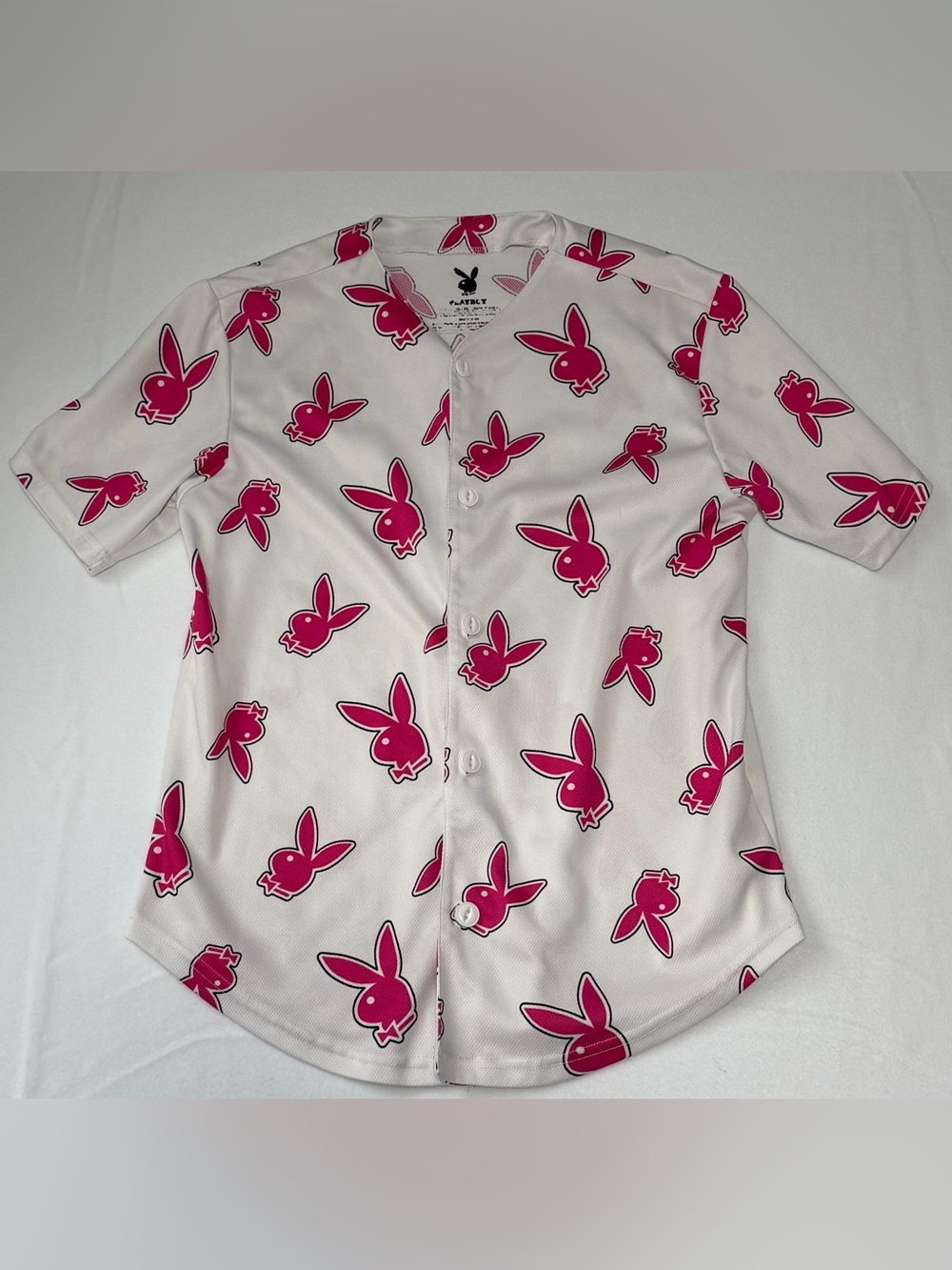 PLAYBOY White Button-Up Top with Hot Pink Bunny Print